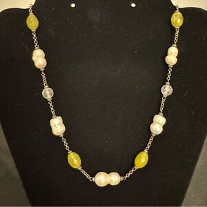 Sterling Silver Pearl, Peridot, and Crystal Station Necklace